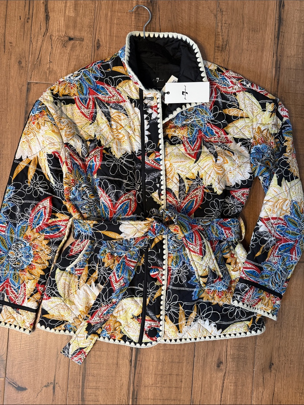 7 For All Mankind Quilted Floral Belted Jacket - Black Multi
